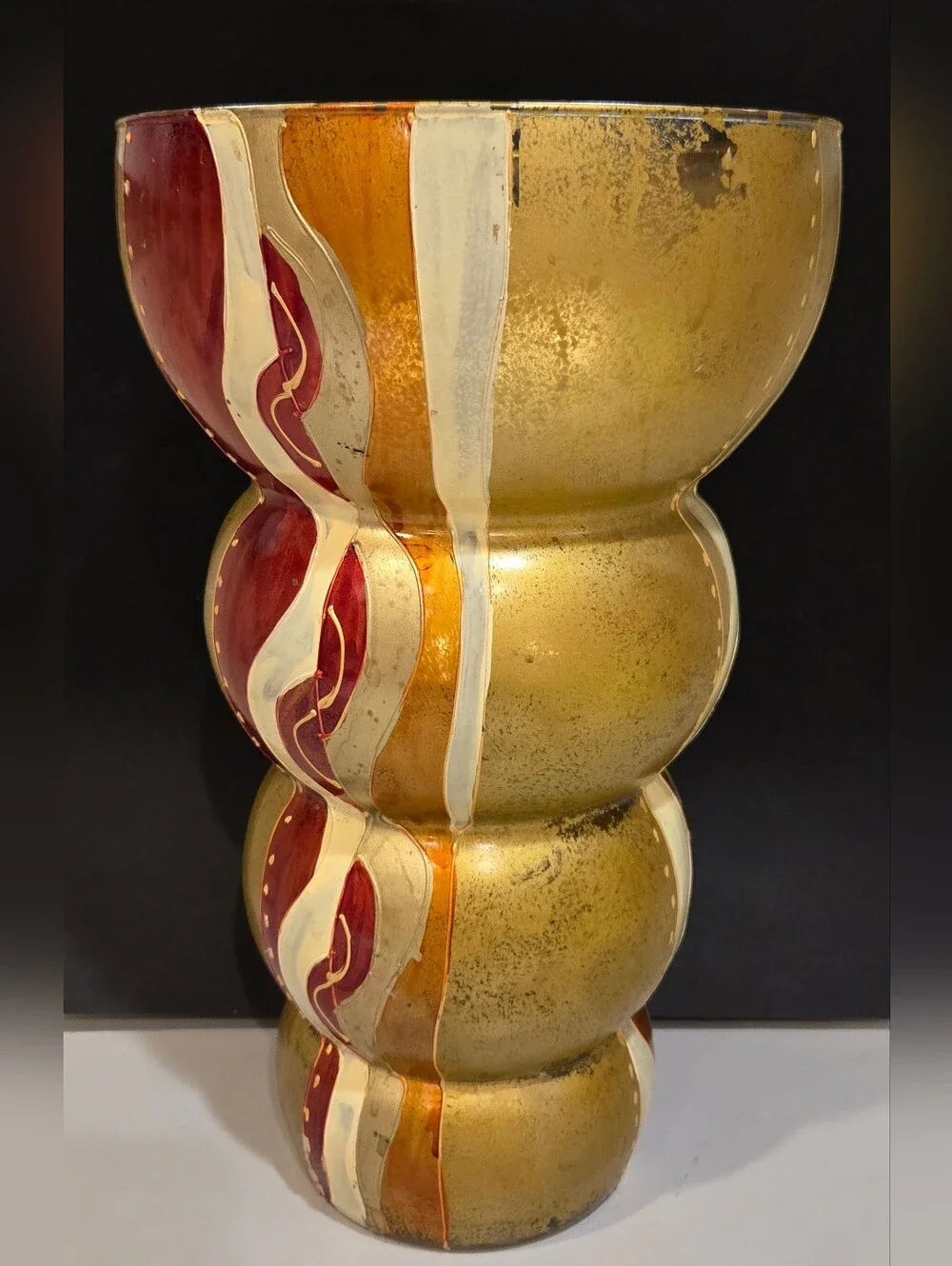 Vintage Signed By Artist Gold & Burgundy Sculptural Vase